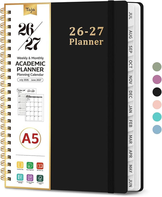 Planner 2026-2027, 6.3" x 8.5" Weekly and Monthly Academic Year Planner Calendar, July 2026 - June 2027, Hardcover Large School Planning Agenda With Tabs, Perfect for School & Office Supplies, A5, Black