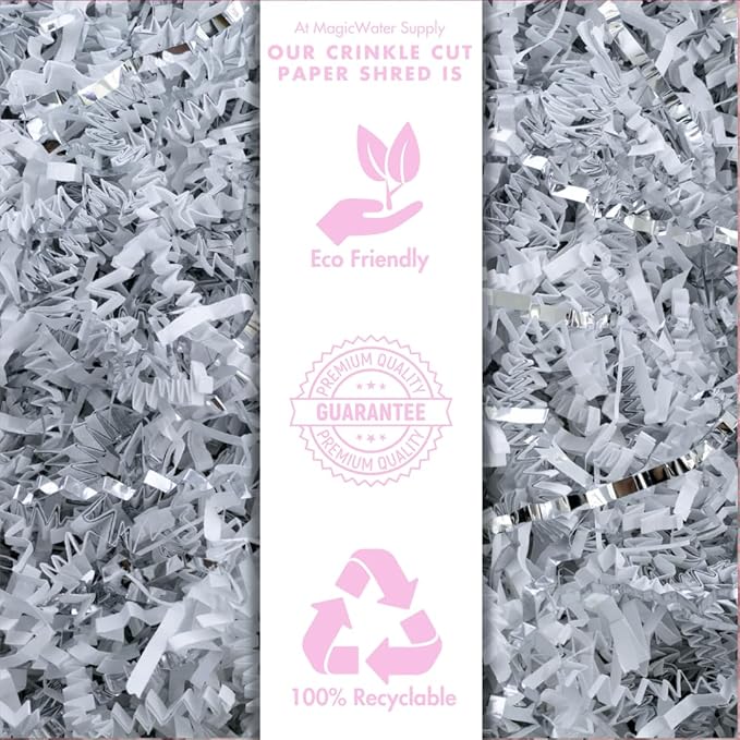 MagicWater Supply - 1LB - White & Silver - Crinkle Cut Paper Shred Filler great for Gift Wrapping, Basket Filling, Birthdays, Weddings, Anniversaries