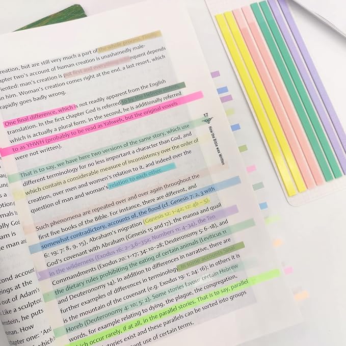 Potanro Sticky Long Tabs 6 Sheet Highlighter Tape 960 Pcs Translucent Sticky Notes Tabs for Annotating Books Bible Study Supplies