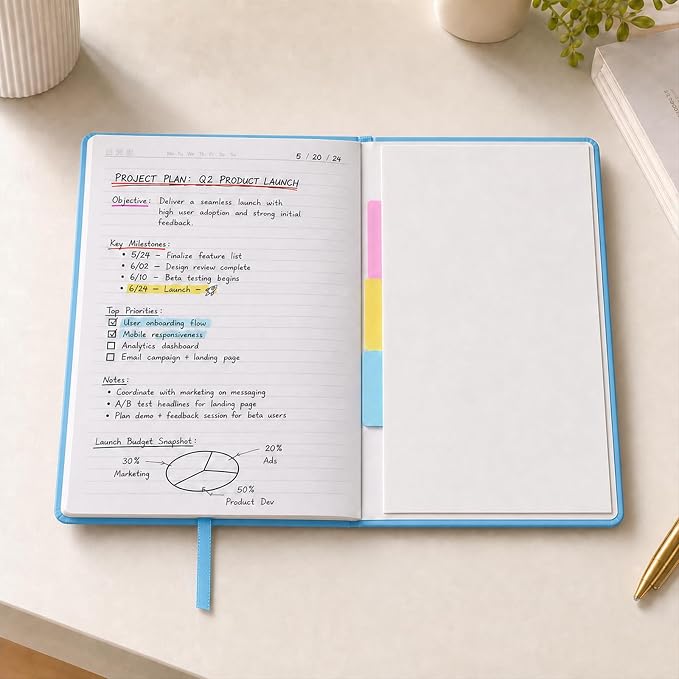 SUIN A5 Hardcover Lined Journal Notebook, 200 Pages, Light Blue, 1 Pack