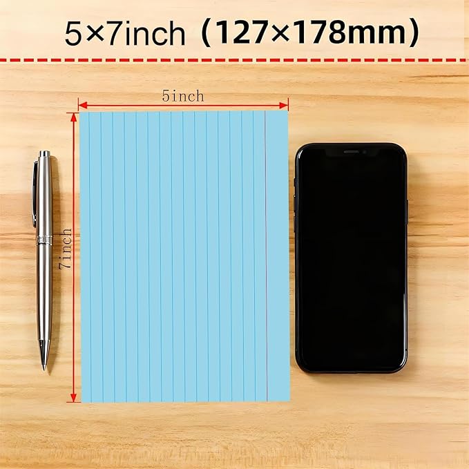 Blue Ruled Index Cards 5x7 Inch - 50 Pack Study Flash Cards for School, Office & Home Organization, Durable Note Cards with Lines
