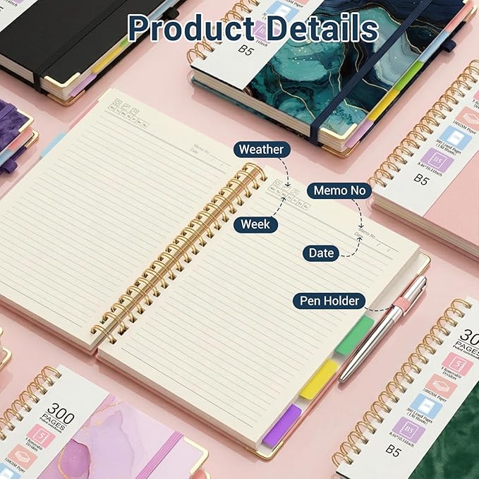 Hardcover Spiral Journal Notebook, 300 Pages 5 Subject Notebook College Ruled with Removable Dividers Tabs, 8" x 10" Notebooks for Work, Spiral Ruled Lined Writing Journal Hardcover Leather Notebook for School (Dark blue marble, 8''x 10'')