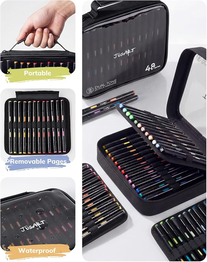 JusArt Acrylic Paint Markers 48 Colors, 24 Dual-Tip Brush Markers, No Bleed