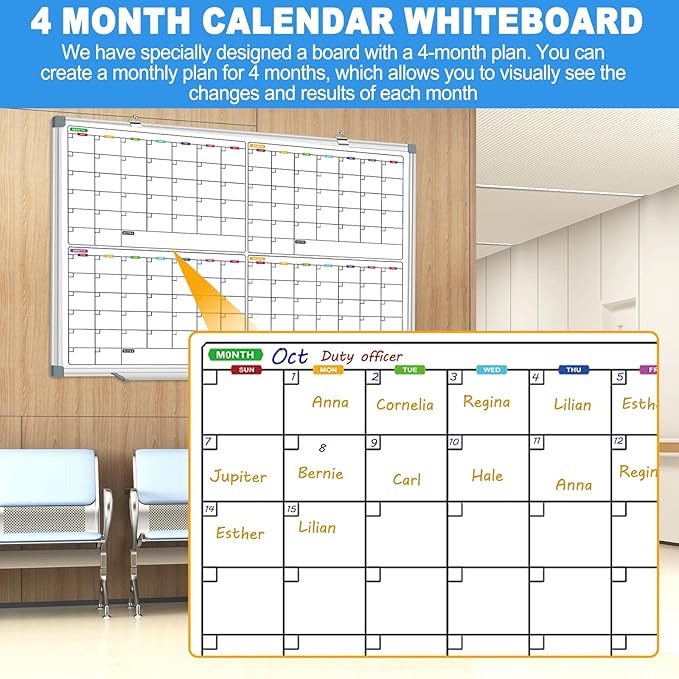 Magnetic Calendar Whiteboard for Wall, 4 Month White Board Calendar Dry Erase Board 48" x 36", Wall Mounted Board Planner for Office, School, Home, Store