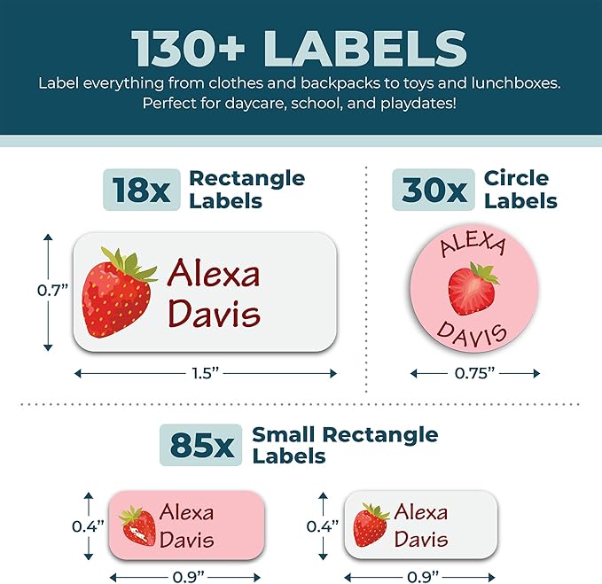 Bunny Badges Personalized Daycare Name Labels for Kids (130 Labels) - Custom Waterproof Name Stickers for Clothing Tags, Water Bottles, Lunch Boxes and School Supplies (Strawberry)