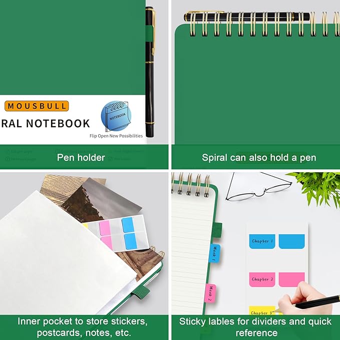 Top Spiral Notebook, A4 Hardcover Top Bound Steno Pads, 240 Pages 100gsm College Ruled Left Handed Notebook Journal for Work, School, Meeting Writing - Green, 8.5" x 11"