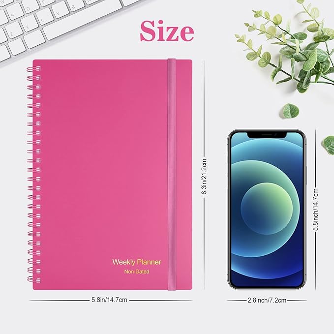 Planner, Asten Undated Weekly Planner Goal Planner Notebook, To Do List Planners Spiral Planner for Men and Women,PVC Hardcover,Elastic Closure, Inner Pocket 8.3" x 5.8" (Pink)