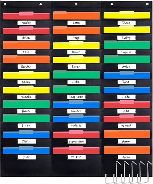 Opret 30 Pockets Storage Pocket Chart with 30 Nametag Pockets, Hanging Wall File Organizer for File Folders with 5 Hangers for Classroom, Office, School Mailbox Organizer and Home (Black)