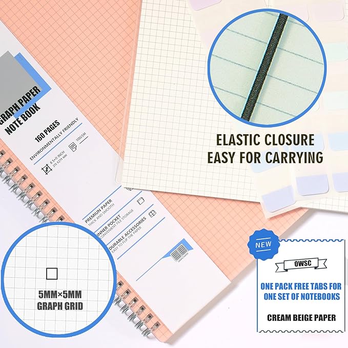 OWSC 3 Pack Graph Notebook, 8.5 x 11 Inches Spiral Notebooks for Work, School and Journal with 110 GSM Graph Paper, Large Notebook with 80 Sheets/160 Pages, Hardcover Grid Paper Notebook