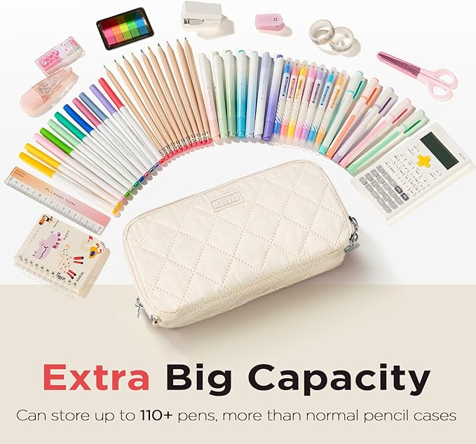 Sooez Large Pencil Case Pouch,Extra Big Pencil Bag with 8 Compartments,Pen Bag Wide Opening,Soft Quilted Pencil Pouch Organizer with Zipper,Portable Pencil Case for Teen Girls,Beige