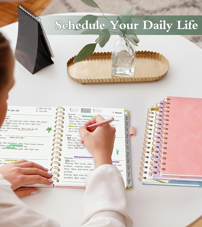 2026 Planner, Hardcover Leather Weekly and Monthly Planner, January 2026 - December 2026, Spiral Yearly Agenda Organizer Book 2026 with Tabs, Daily Calendar Planners for School Work Home, A4 (8.5" x 11"), Pink