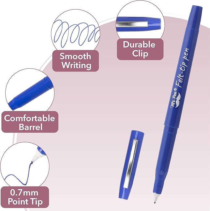 Mr. Pen- Felt Tip Pens, 30 Pack, 0.7 mm, Blue Felt Tip Pens Bulk, Fast Dry, No Smear, Planner Markers for Underlining, Writing, Drawing, Journaling Supplies