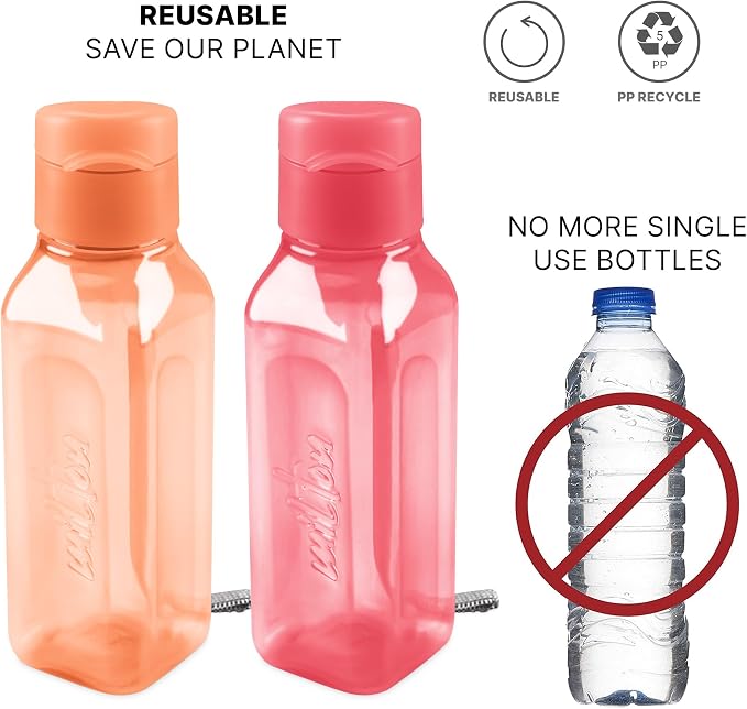 Bulk 10oz Multicolor Square Reusable Water Bottles Set of 4 For Kids And Adults - Leak Proof With Carry Strap - Bpa Free Dishwasher Safe For Juice Drinks
