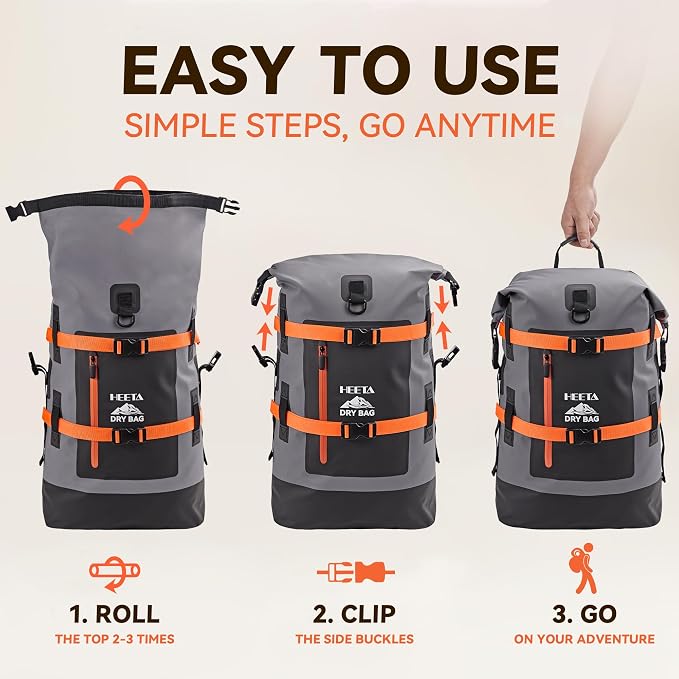HEETA Dry Bags Waterproof Backpack 40L for Men & Women, Roll Top Heavy Duty | Cushioned Hiking Backpack, for Kayaking Boating Paddle Boarding Fishing Travel Camping Beach Vacation Cruise Ship Essentials