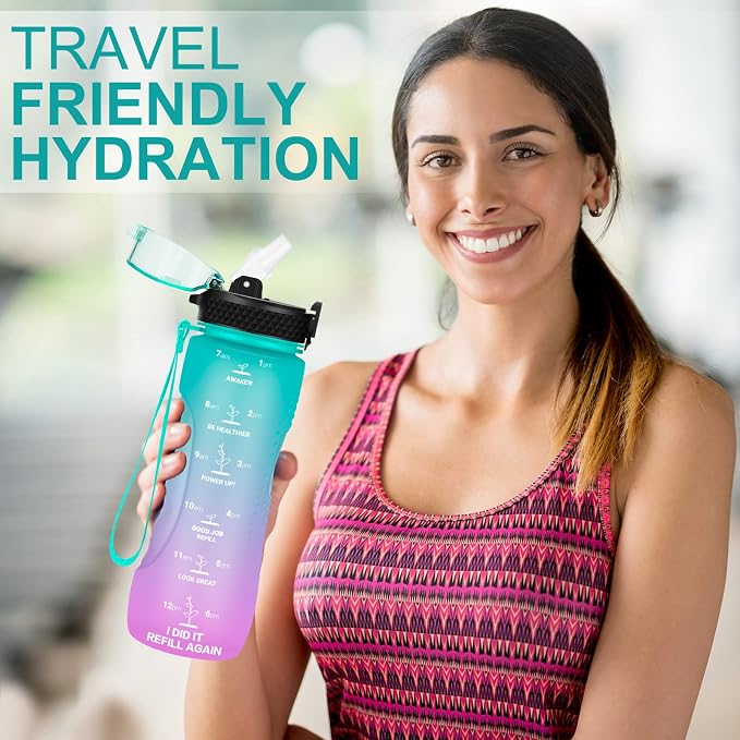24 OZ Motivational Kids Water Bottle With Time Marker,Straw Lid,Leak Proof, Tritan BPA Free Sports Water Bottle Green-Purple(1 Lid)