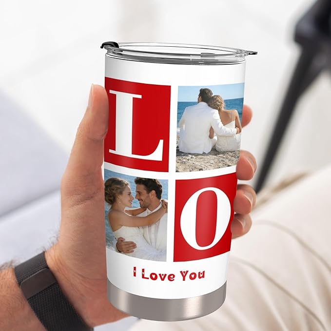 Personalized Tumbler Custom Vacuum Insulated Travel Mug Customizable Coffee Cup with Your Photos and Text Christmas Birthday Gift (LOVE-4 Photos)