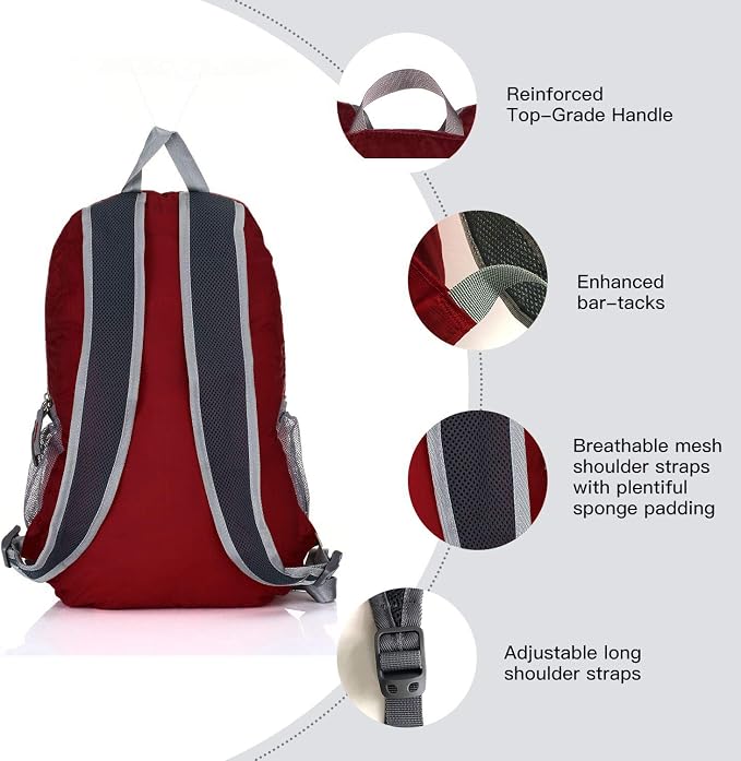 Outlander 20L/33L- Most Durable Packable Lightweight Travel Hiking Backpack Daypack (Dark Red, 20L)