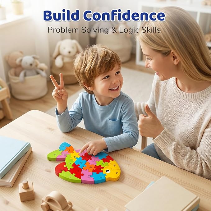LovesTown Wooden Puzzles for Kids, Double Sided Goldfish Jigsaw with Alphabet & Numbers, Montessori Educational Toy for Toddlers, Chunky Animal Gift