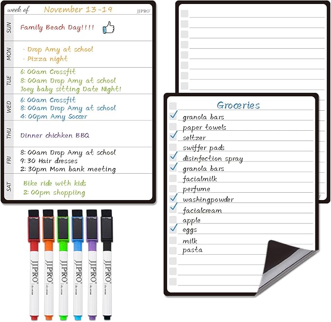 JPRO Magnetic Weekly Calendar and to Do List for Fridge - 8.5" x 6.5" Weekly Meal Planner for Refrigerator and Dry Erase Daily to-Do List -6 Markers Included!
