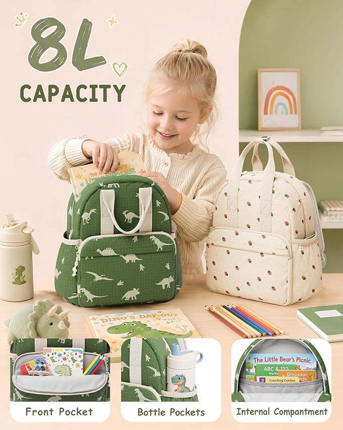 Corduroy Toddler Backpack for Preschool Boys Girls Ages 2-4 | 12 Inch Water-Resistant Small Kids Backpack for School & Travel, Lightweight Daycare Bookbag(Medium,Khaki Check)