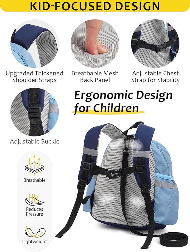 Toddler Backpack with Leash for Boys Girls Kids Kindergarten Nursery, 11” Baby Leash Backpack with Reflective, Toddler Bookbag with Anti-Lost Harness for Walking, Mint Blue