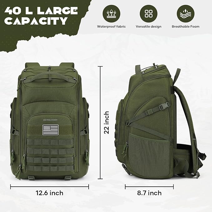 Maelstrom Tactical Backpack for Men, Water Resistant 40L Military Backpack, for Hiking, Camping, Gym with Molle System (Army Green)