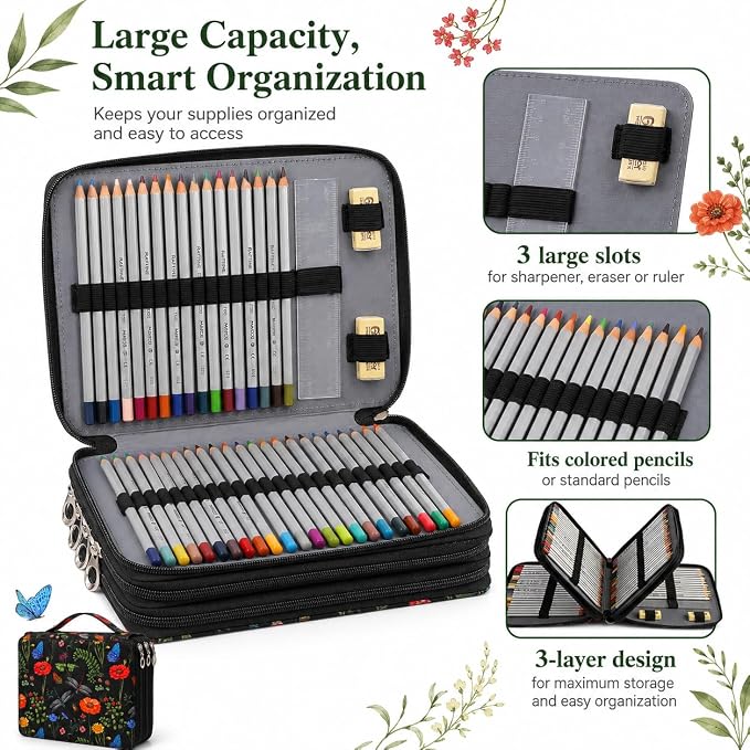 200 Slots Colored Pencil Case Organizer, 4 Layer Bag | Twill Oxford fabric,203 elastic loops,detachable handle,for travel, home storage,drawing tools,creative gifts
