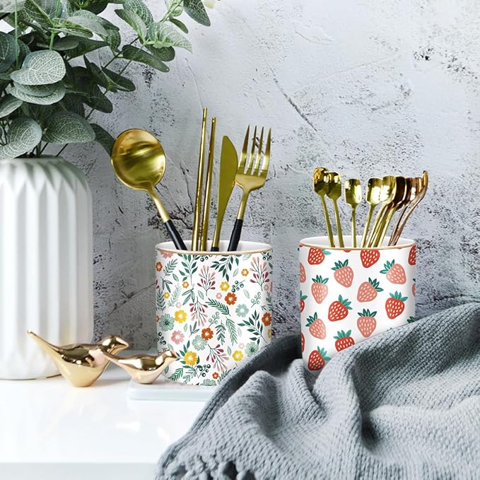 Desk Pen and Pencil Holder, Ceramic Multifunctional Organizer for Home, Office, and School, Green Floral Pattern