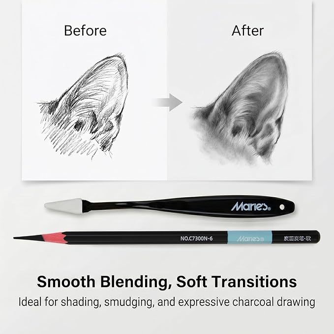 Marie's Charcoal Pencils for Drawing, 10 Pieces, Extra Hard Hard Medium Soft Extra Soft, Sketching Pencils for Artists, Smooth Charcoal Core for Layering, Blending and Detailed Artwork(Extra Soft)