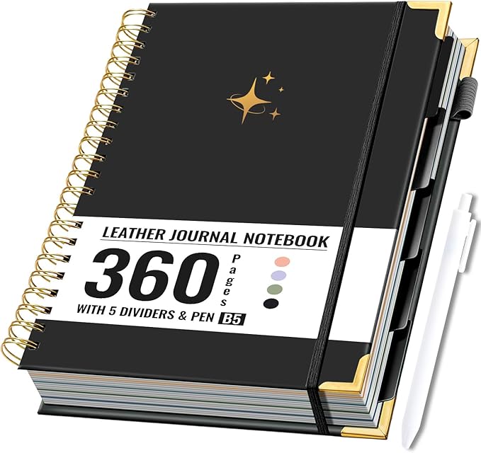FLYING EAGLE Leather Spiral Notebooks for Work 5 Subject Notebook College Ruled with Dividers Pen, 360 Pages B5 Hardcover Lined Journals for Women Men Writing,Black