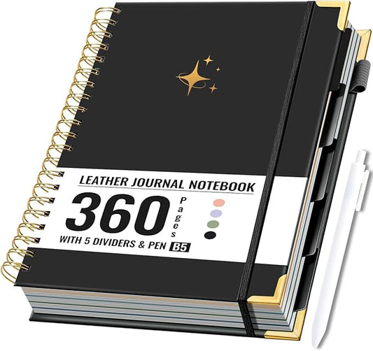 FLYING EAGLE Leather Spiral Notebooks for Work 5 Subject Notebook College Ruled with Dividers Pen, 360 Pages B5 Hardcover Lined Journals for Women Men Writing,Black