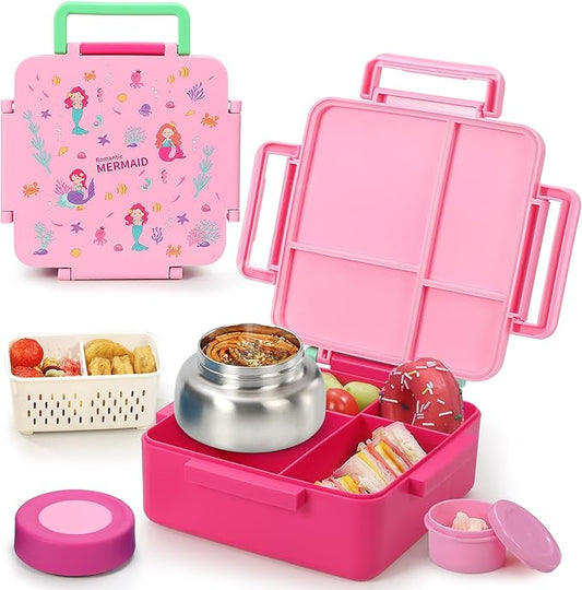 Bento Box for Kids with Thermos, [Large Capacity] Insulated Kids Lunch Box with 4 Compartment for Ages 3+, Drop-Proof & Dishwasher Safe Lunchbox Container Pink
