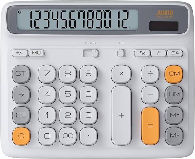 12-Digit Desktop Calculator, Modern Color-Clash Aesthetic Design, Dual Power (Solar & Battery), Ergonomic Tilted Large LCD Display for Office, School and Accounting (Silver)