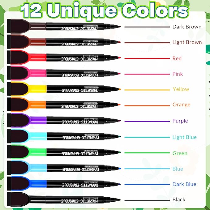 12 Pcs Magnetic Dry Erase Markers, Colorful Fine Tip Whiteboard Markers with Erasers, Thin Low Odor Dry Erase Marker Set for White Board Fridge Calendar Office Home