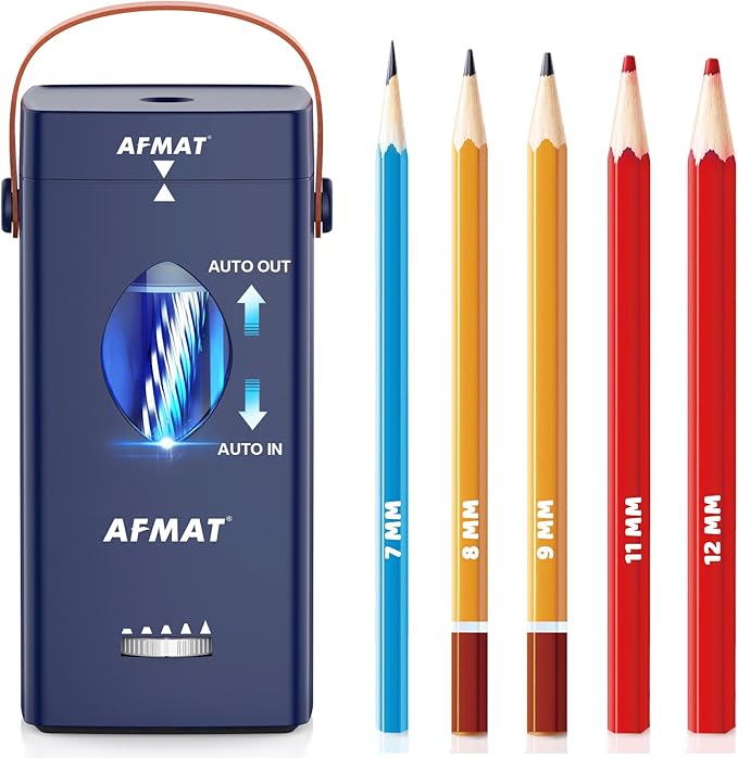 AFMAT Electric Pencil Sharpener, Rechargeable & Cordless, Fully Automatic Pencil Sharpener for Classroom, Auto in & Out, 5 Sharpness Modes, Heavy Duty Sharpeners for 6-12mm No.2/Jumbo Pencils PSC7