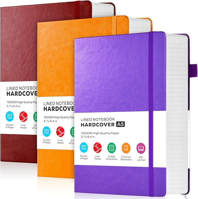 FOCUS DAY 3 Pack Lined Journal Notebooks, A5 Thick Notebook Journal Set for Work Writing, 320 Pages Hardcover Leather Bound Notebook Bulk for Women Men Office School, 5.7'' X 8.4'', Multicolor
