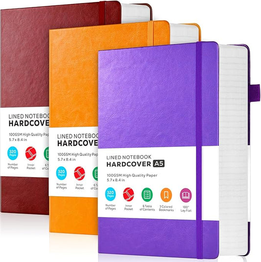 FOCUS DAY 3 Pack Lined Journal Notebooks, A5 Thick Notebook Journal Set for Work Writing, 320 Pages Hardcover Leather Bound Notebook Bulk for Women Men Office School, 5.7'' X 8.4'', Multicolor