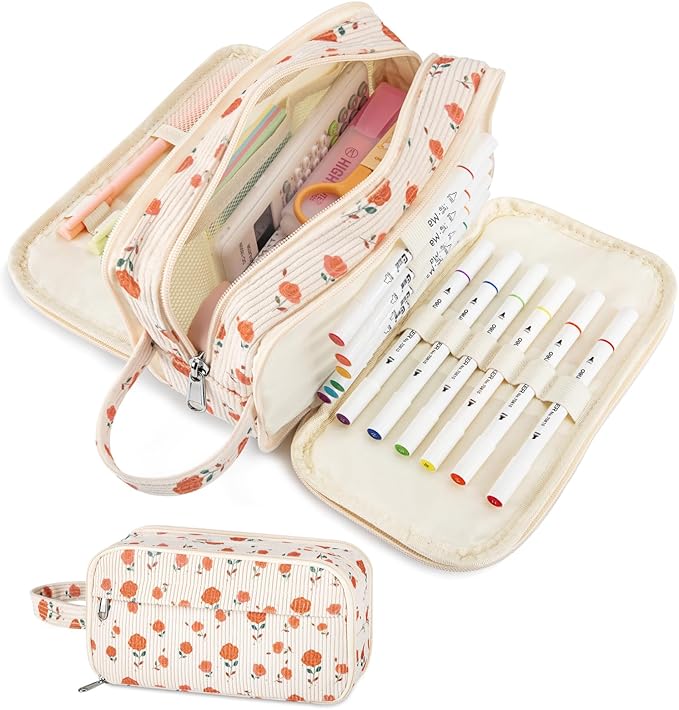 Cute Corduroy Pencil Case with Handle, Extra Large 4 Compartment Multiple Pockets Aesthetic Pencil Pouch Organizer for Teen Girls, School & College Supplies (Rose)