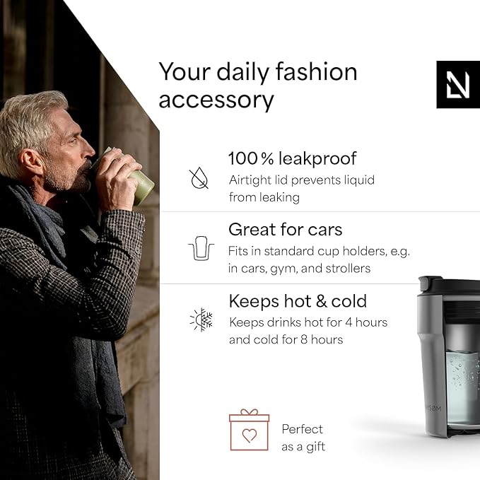 LARS NYSØM Thermo Coffee Mug to go 13oz | Travel Mug 0.38 Liter with Insulation | Leak Proof Stainless Steel Thermal Tumbler for Coffee and Tea on the Go (Stainless Steel, 12.9oz)