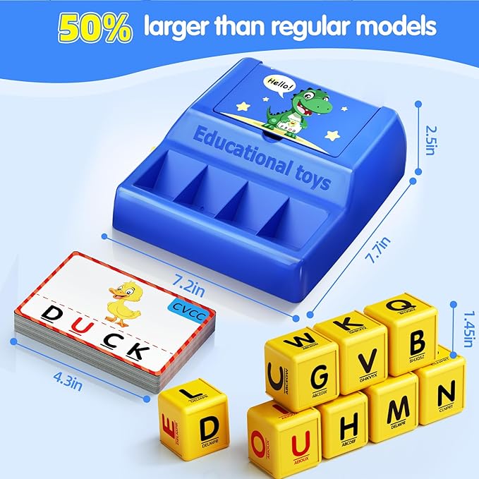 Montessori Matching Letter Game for Kids Ages 3-8 | Educational Learning Spelling Toys with Storage Function | Christmas Birthday Gifts for 3 4 5 6 Year Old Boys & Girls | Larger Blue (50% Bigger)