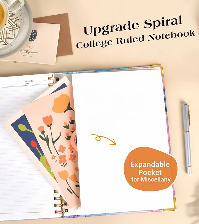 Lined Spiral Notebook Journal for Women, 150 Pages Cute Notebooks 5.75” x 8.38”, A5 Hardcover Spiral Journals with 100 GSM Thick Paper, College Ruled Notebook for Writing Work School, Pink Blue Marble