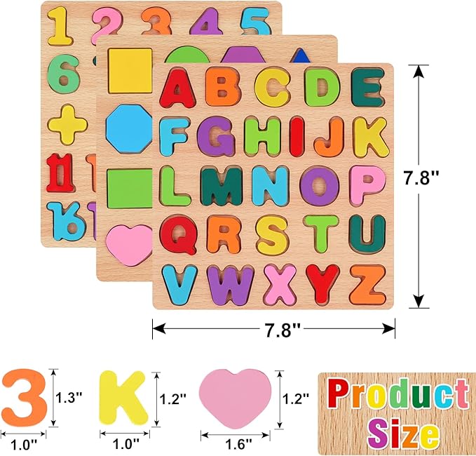 Attmu Wooden Puzzles for Toddlers, 3 Pcs Alphabet Puzzle ABC Shape Number Puzzle, Learning Toys for Kids, Preschool Educational Activities Toddler Gift Toys for Girls Boys Christmas Valentines Easter