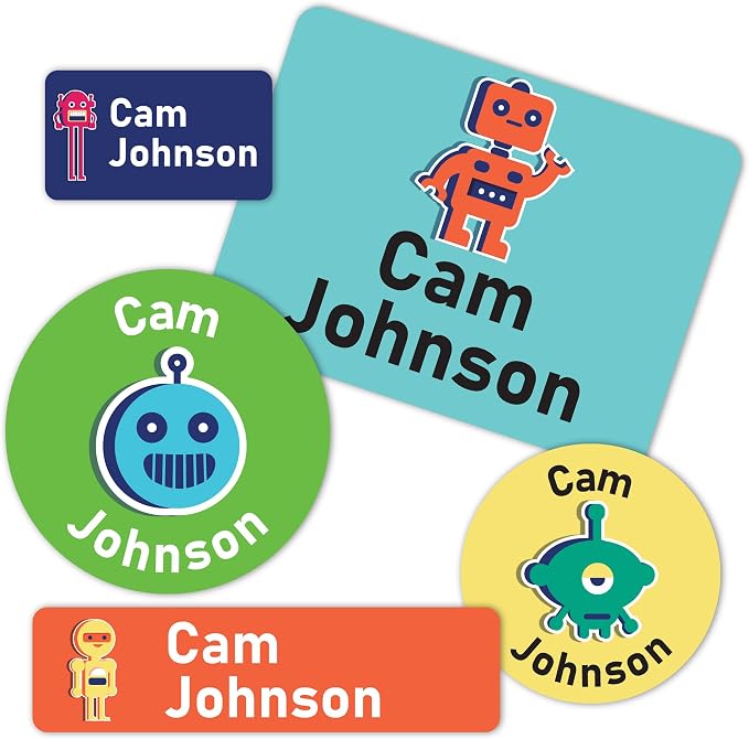 Personalized Daycare Stickers Name Labels for Kids - Custom Waterproof Name Stickers for Water Bottles, Lunch Boxes School Supplies, Clothing Tags, 30+ Designs, Robots
