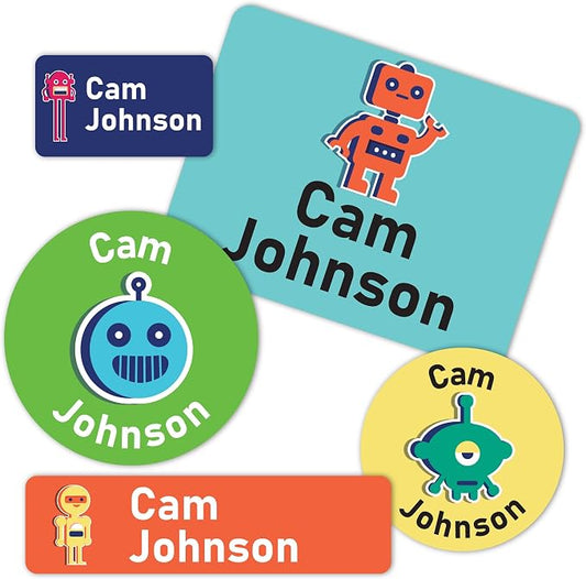 Personalized Daycare Stickers Name Labels for Kids - Custom Waterproof Name Stickers for Water Bottles, Lunch Boxes School Supplies, Clothing Tags, 30+ Designs, Robots