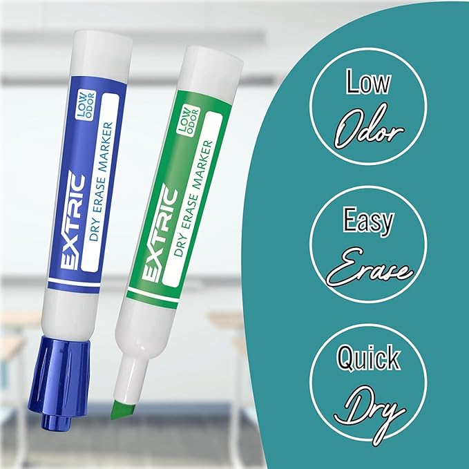 EXTRIC Dry erase Markers Chisel Tip, 8 Whiteboard markers, Magnetic Marker Holder & Eraser, Low Odor White Board Marker Dry Erase - Non Toxic for Classroom, Home, or Office Supplies