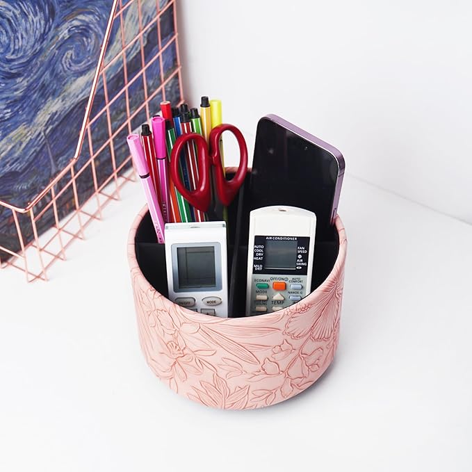 Round Leather Art Supply Organizer,Remote Control Holder,360 Degree Spinning,Multi-Functional Pencil Holder,4 Compartments Desktop Stationary Organizer(1-Carved Pink)