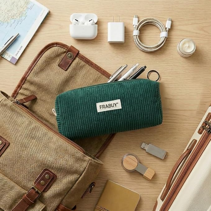 Soft Corduroy Pencil Case Pen Pouch Organizer, Small Stationery Bag | Cute dark green pencil pouch, smooth zipper, daily cosmetics holder, compact organizer for school teen girls, women