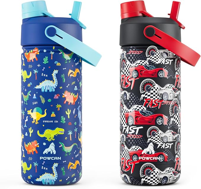 POWCAN 2 Pack 18 oz Kids Insulated Water Bottle for School: Leakproof, 2-in-1 Straw Spout Lid, BPA-Free, Keep Cold 24 Hrs, Stainless Steel Cup for Sports, Travel, Gift for Girls Boys Daughters Sons