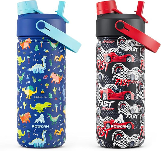POWCAN 2 Pack 18 oz Kids Insulated Water Bottle for School: Leakproof, 2-in-1 Straw Spout Lid, BPA-Free, Keep Cold 24 Hrs, Stainless Steel Cup for Sports, Travel, Gift for Girls Boys Daughters Sons