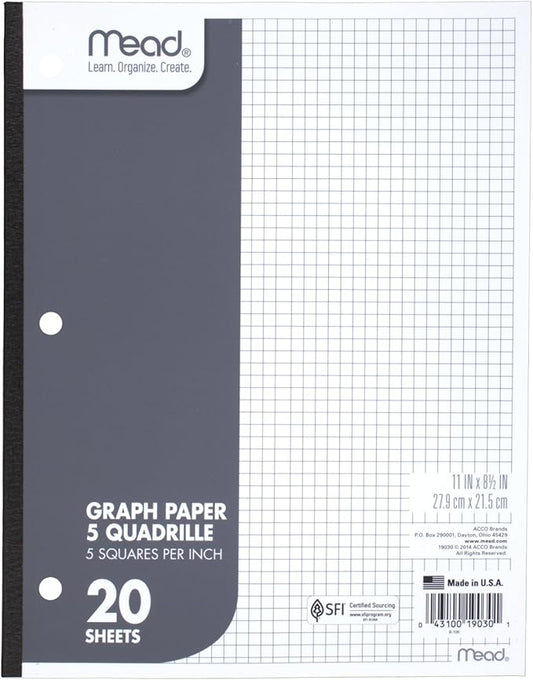Mead Graph Paper Pad, Quadrille, 5 Squares per Inch, 11" x 8-1/2", 20 Sheets, 1 Pack (19030)